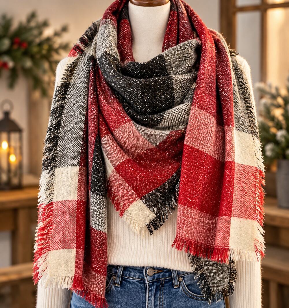 Lane Bryant Plaid Blanket Scarf Red Black Cream Metallic Oversized Fringe 81x30